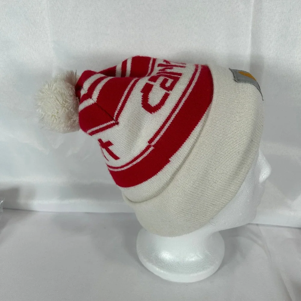Carhartt Pom Pom Beanie Hat Red White Striped Knit Cuffed Logo One Size